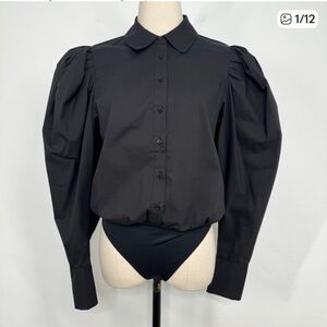 NWT House of Harlow 1960 Puff Sleeve Bodysuit Black Button Down Academia Size S